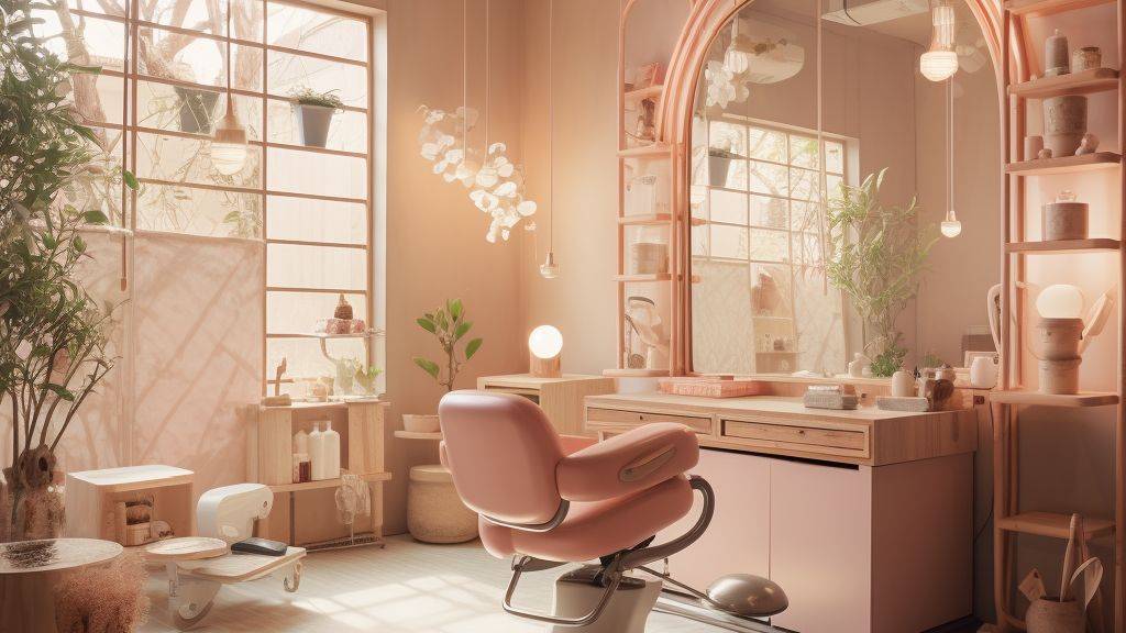 A striking capture of a quiet Japanese hair salon, illustrating its thoughtful layout and restful ambiance. Choose muted pastel tones.
