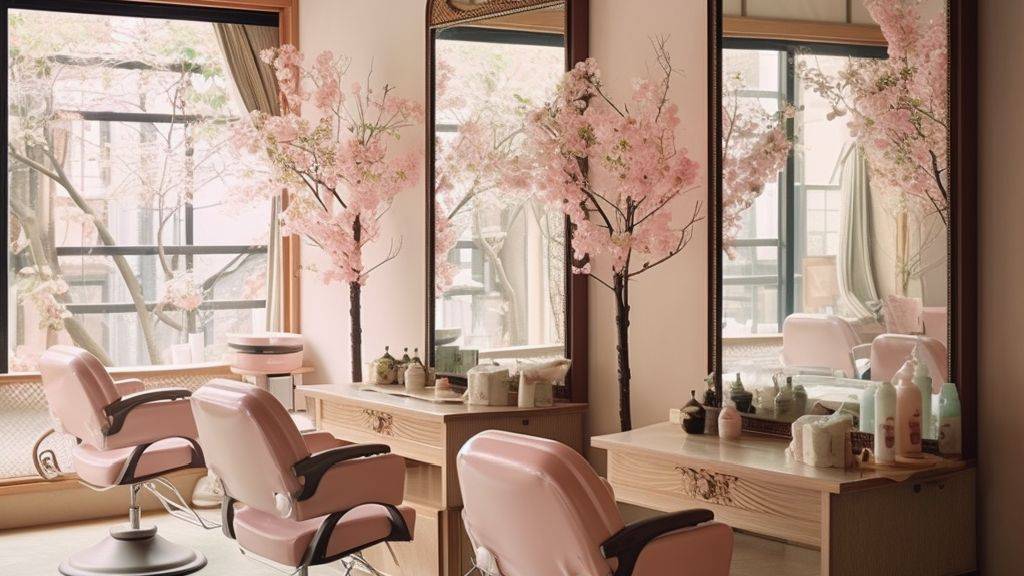A mesmerizing photo of a calm Japanese hair salon, emphasizing its intricate design and soothing environment. Opt for subtle pastel hues.