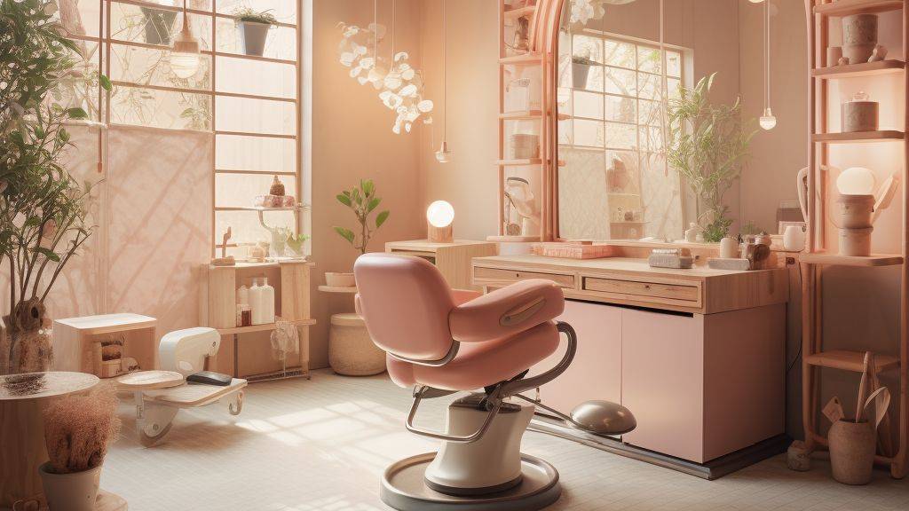 An enchanting image of a peaceful Japanese hair salon, highlighting its detailed architecture and calming atmosphere. Utilize gentle pastel shades.