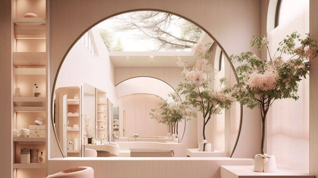 A striking capture of a quiet Japanese hair salon, illustrating its thoughtful layout and restful ambiance. Choose muted pastel tones.