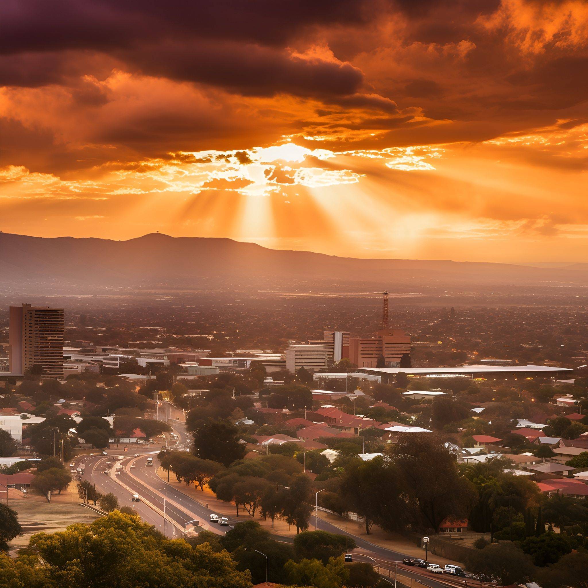 A captivating photograph showcasing a serene view of Bloemfontein city during sunset. Use warm and golden hues.