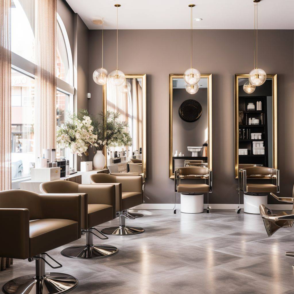 A vibrant photograph showcasing a modern hair salon interior with plush seating, elegant decor, and a serene ambiance. Use warm and neutral tones.