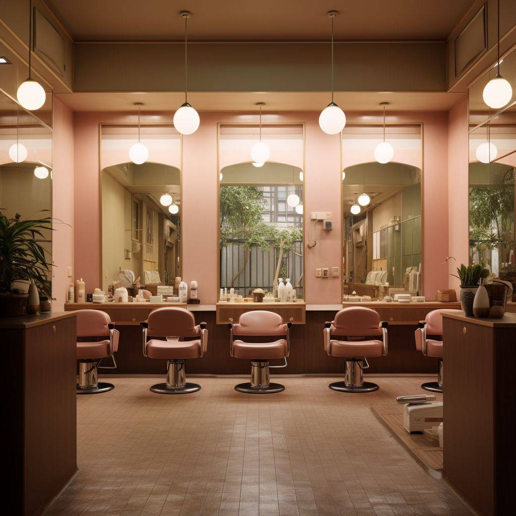 An eye-catching photo that captures the essence of a modern Japanese hair salon's design. Incorporate warm and understated hues.
