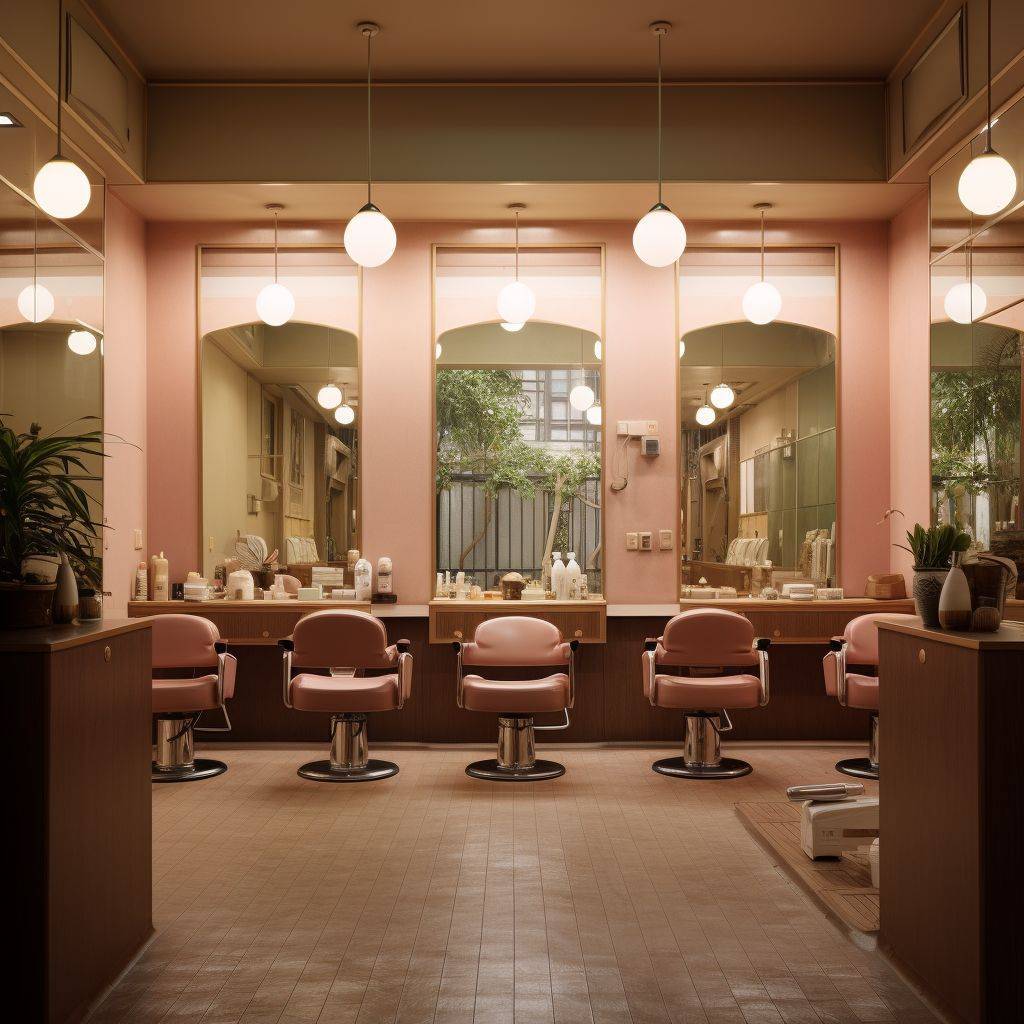 An eye-catching photo that captures the essence of a modern Japanese hair salon's design. Incorporate warm and understated hues.
