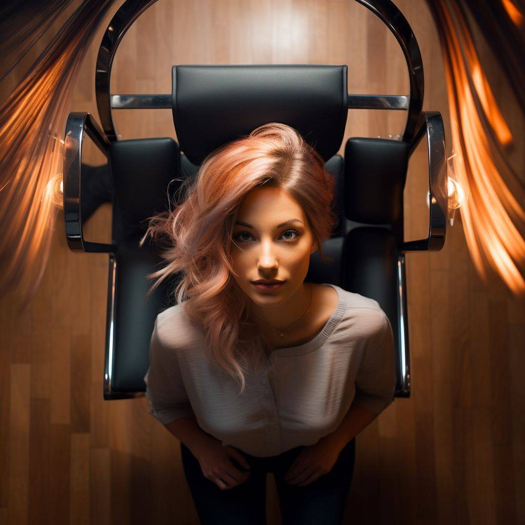 A mesmerizing overhead shot of a woman sitting in a hair salon chair, showcasing her freshly colored hair that gleams under the salon lights. The colors transition smoothly, reflecting a professional touch. Use warm and neutral tones.