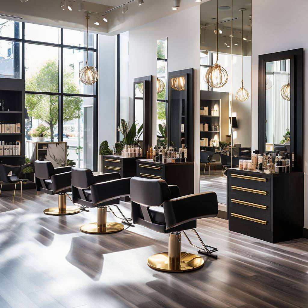 A modern and elegant hair salon interior with sleek black chairs facing large mirrors. On the countertop, there are various Asian hair care products neatly arranged. In the background, professional hairstylists are attentively working on clients, showcasing different Asian hairstyles. The ambiance is calm and luxurious, with soft lighting enhancing the serene atmosphere.

