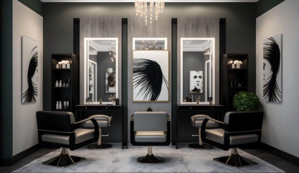 Hair Salon, a modern and elegant hair salon interior showcasing comfortable chairs, well-lit mirrors, and professional hair care products on display, with a serene and welcoming ambiance