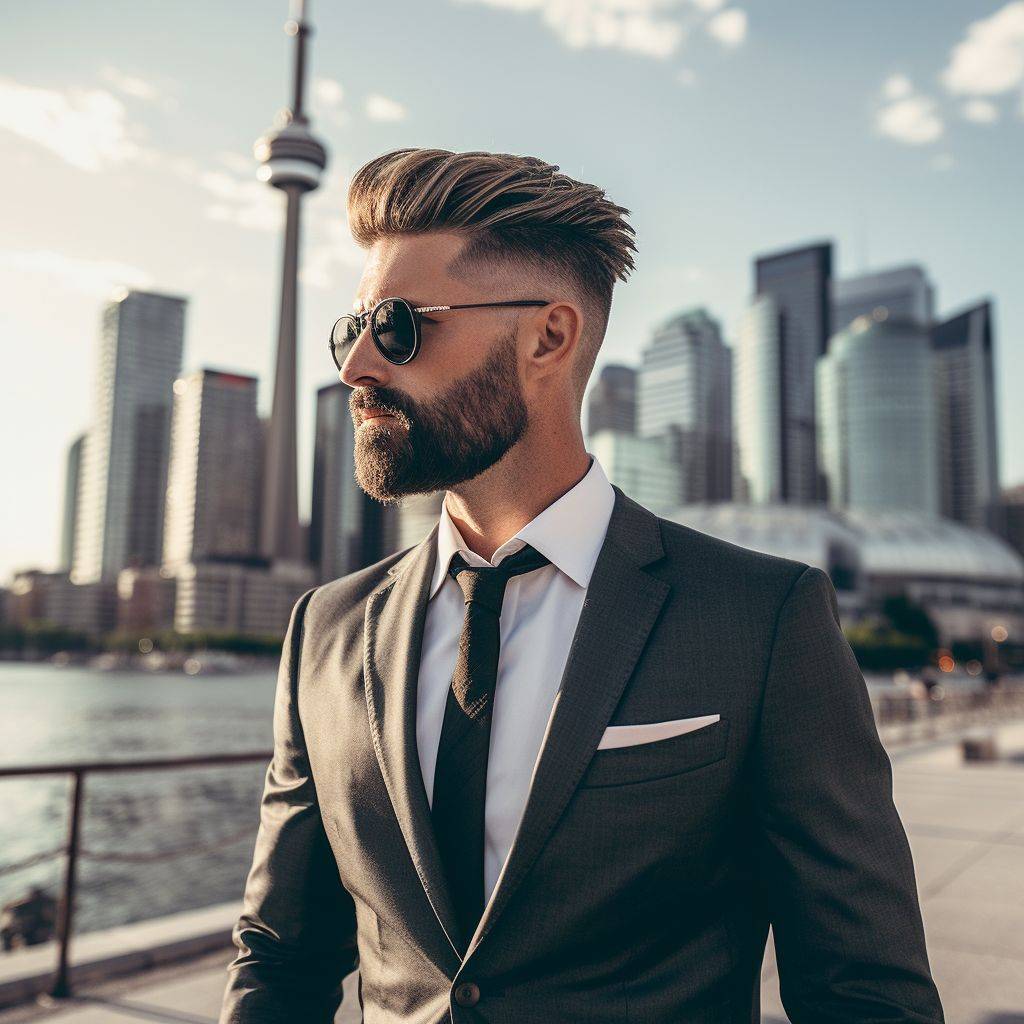 A stylish individual flaunting their fresh haircut with Toronto's iconic CN Tower in the background, representing the city's affordable yet high-quality hair solutions.
