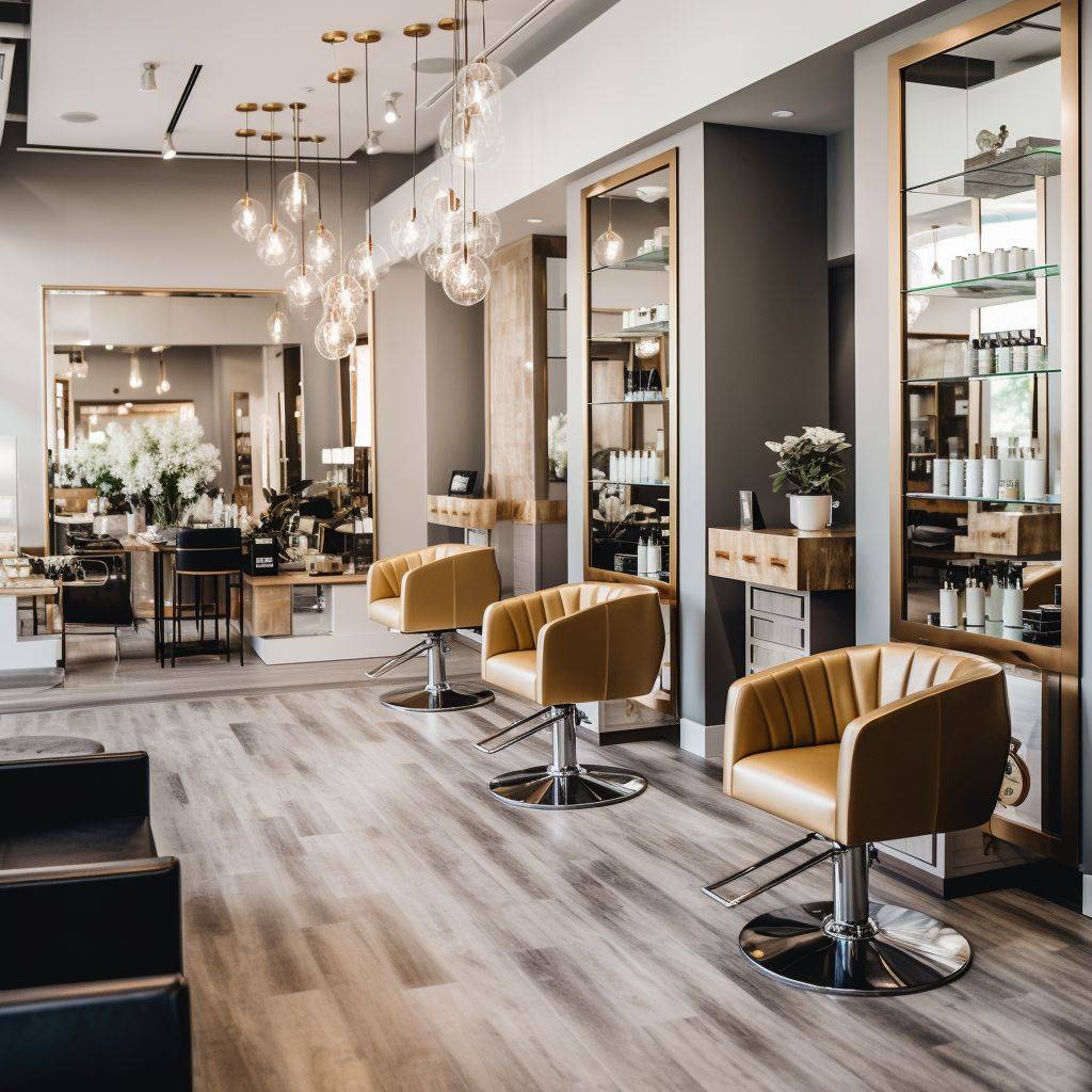 A modern and elegant hair salon interior with plush chairs, large mirrors, and a variety of hair products displayed on wooden shelves. In the background, professional hairstylists are attentively working on clients, showcasing their expertise. The ambiance is calm and luxurious, reflecting the high-quality services offered by the salon. The A & I Hair Salon logo is subtly placed in the corner, emphasizing the brand's presence.