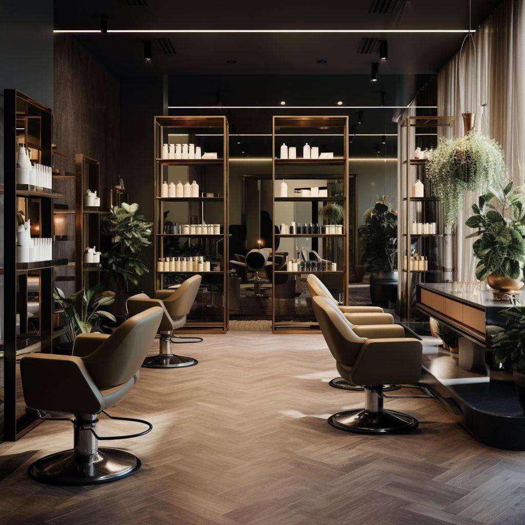 A captivating photograph showcasing a modern hair salon interior with elegant decor and ambient lighting. Use warm and neutral colors.