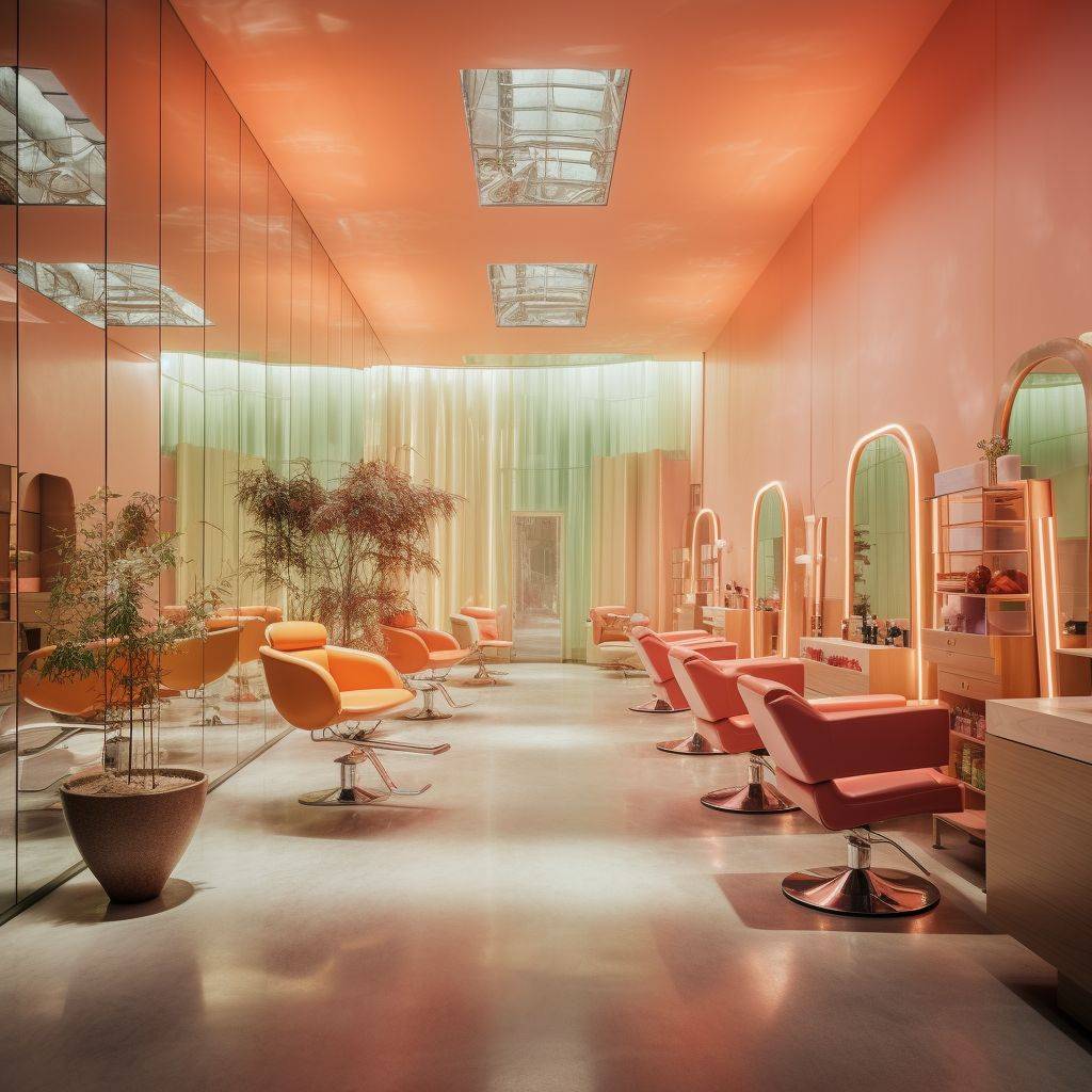 A striking picture representing the up-to-date ambiance of a Japanese hair salon space. Embrace warm and balanced tones.



