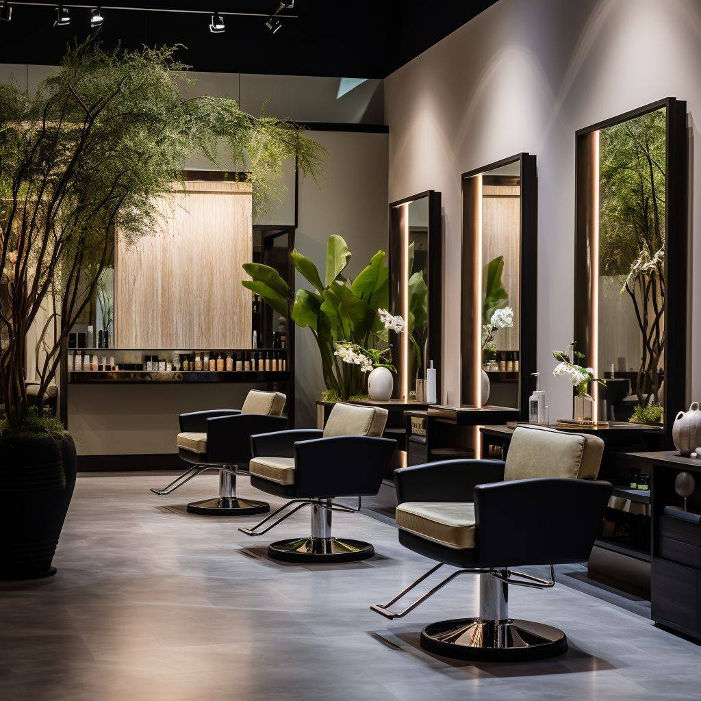 A modern and stylish hair salon interior with Asian-inspired decor. There are comfortable chairs in front of large mirrors, and the salon is well-lit. Hair products are neatly displayed on shelves, and there's a sense of tranquility and professionalism in the ambiance.
