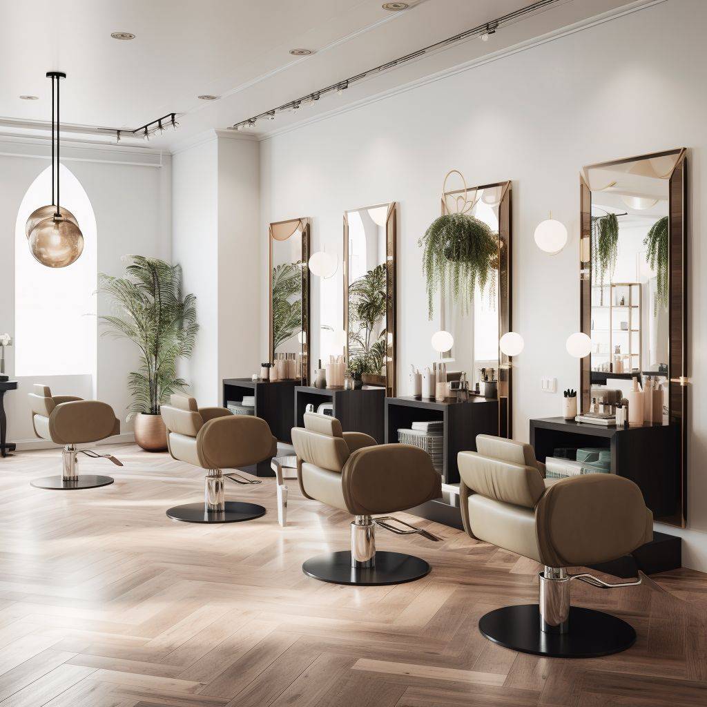 A high-resolution photograph showcasing a serene ambiance of a modern hair salon with plush chairs and elegant decor. Use warm and neutral colors.