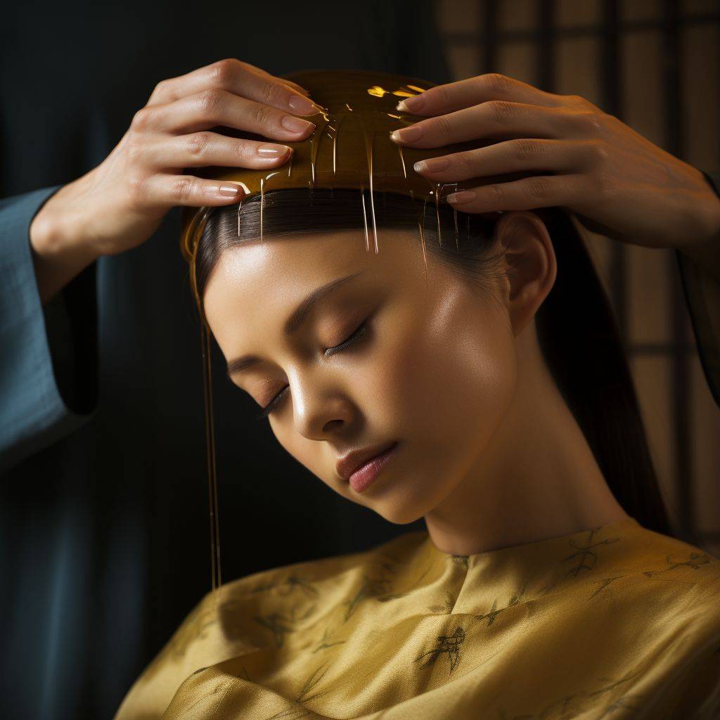 A mesmerizing photograph of a professional performing a Japanese scalp treatment, highlighting the gentle techniques and premium products used. Use warm, earthy tones.