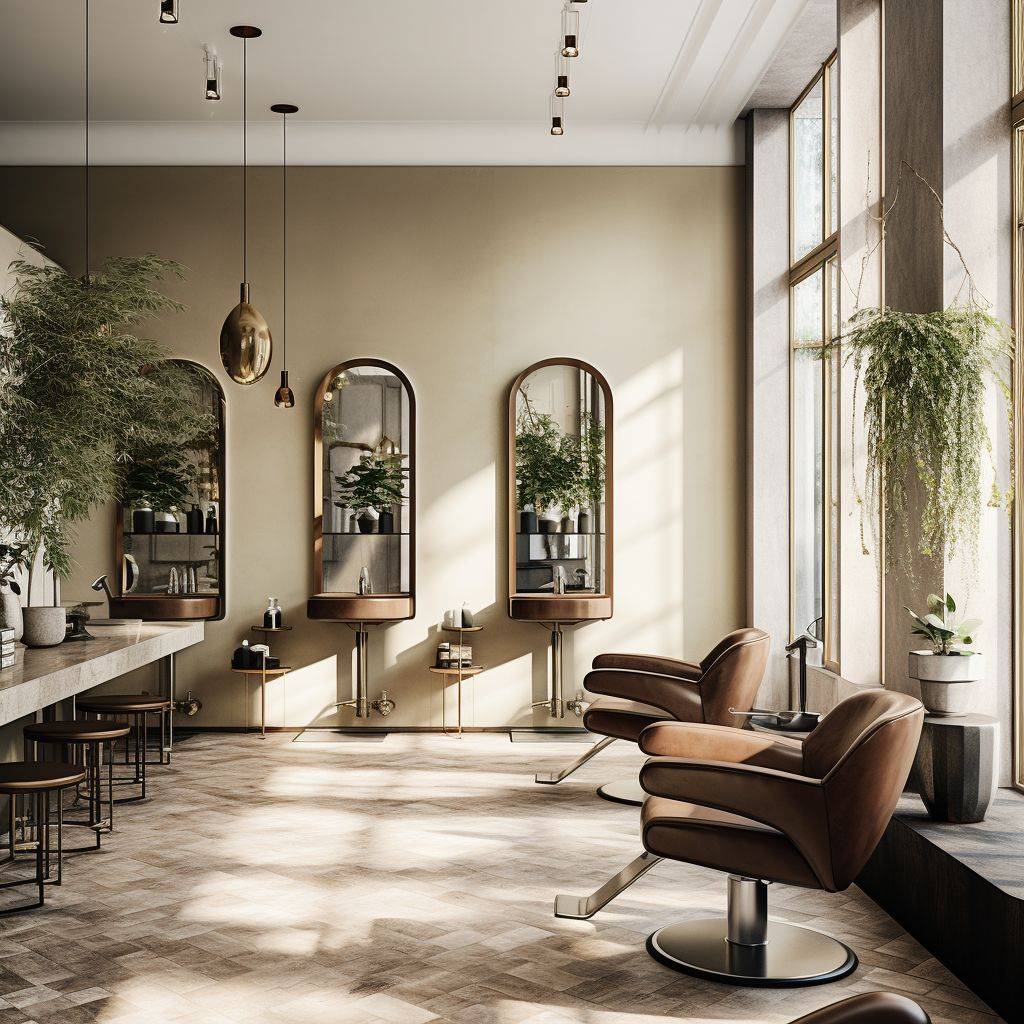 A sharp, detailed photo highlighting the chic and updated ambiance of a hair salon. Incorporate warm and subdued hues.