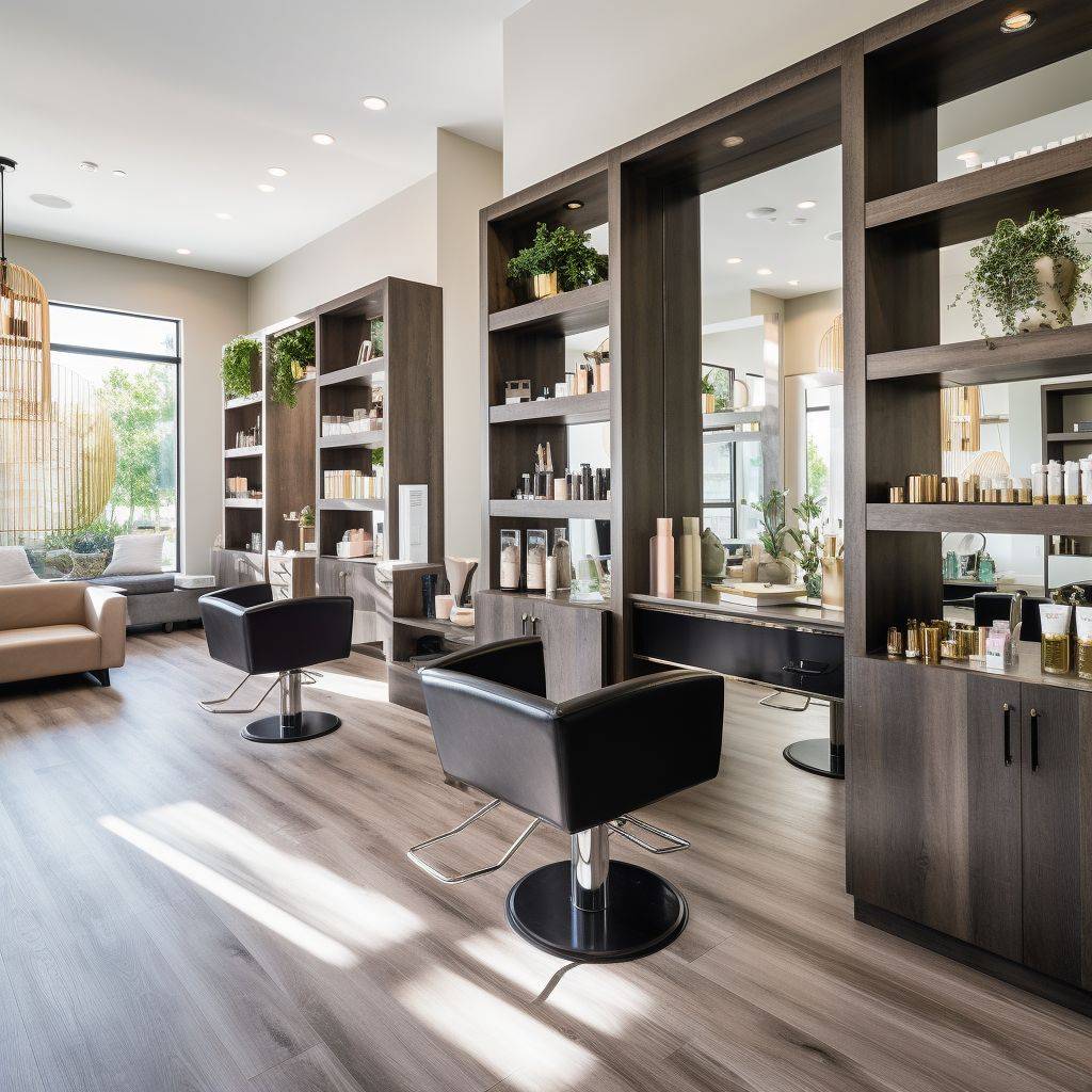 A modern and chic hair salon interior with large mirrors, comfortable chairs, and a variety of hair products displayed on wooden shelves. The ambiance is warm with soft lighting, and a stylist is seen working on a client's hair, showcasing their expertise.


