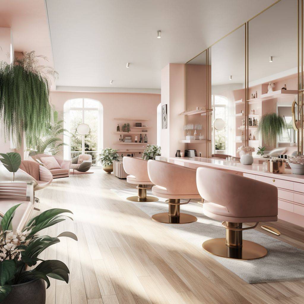 A captivating photograph showcasing a serene hair salon interior, bathed in soft natural light, highlighting the comfortable chairs and modern decor. Use soft pastel colors.