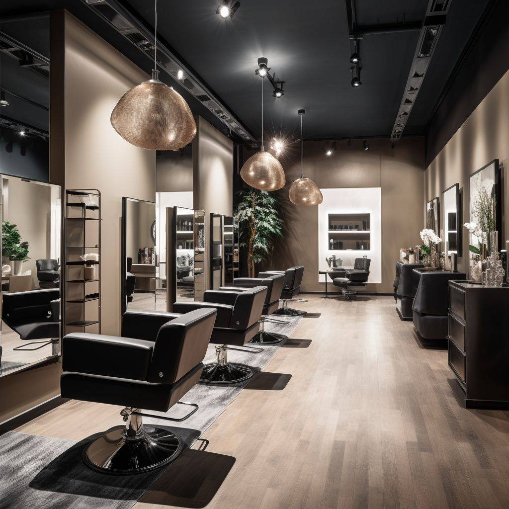 A high-resolution photograph showcasing a serene ambiance of a modern hair salon with plush chairs and elegant decor. Use warm and neutral colors.