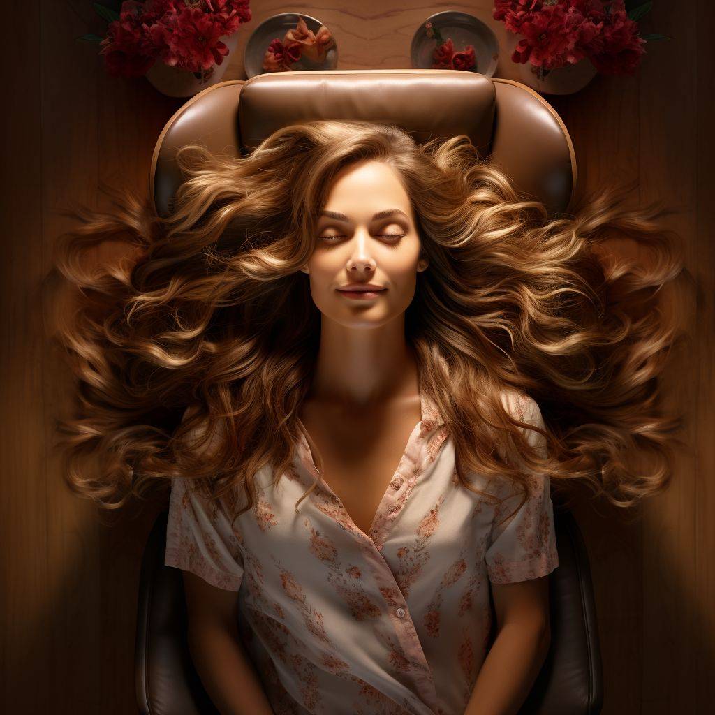 A captivating overhead shot of a woman sitting in a salon chair, her hair spread out, showcasing a blend of natural and highlighted strands. The ambiance of the salon is serene, with soft lighting. Use warm and neutral tones.