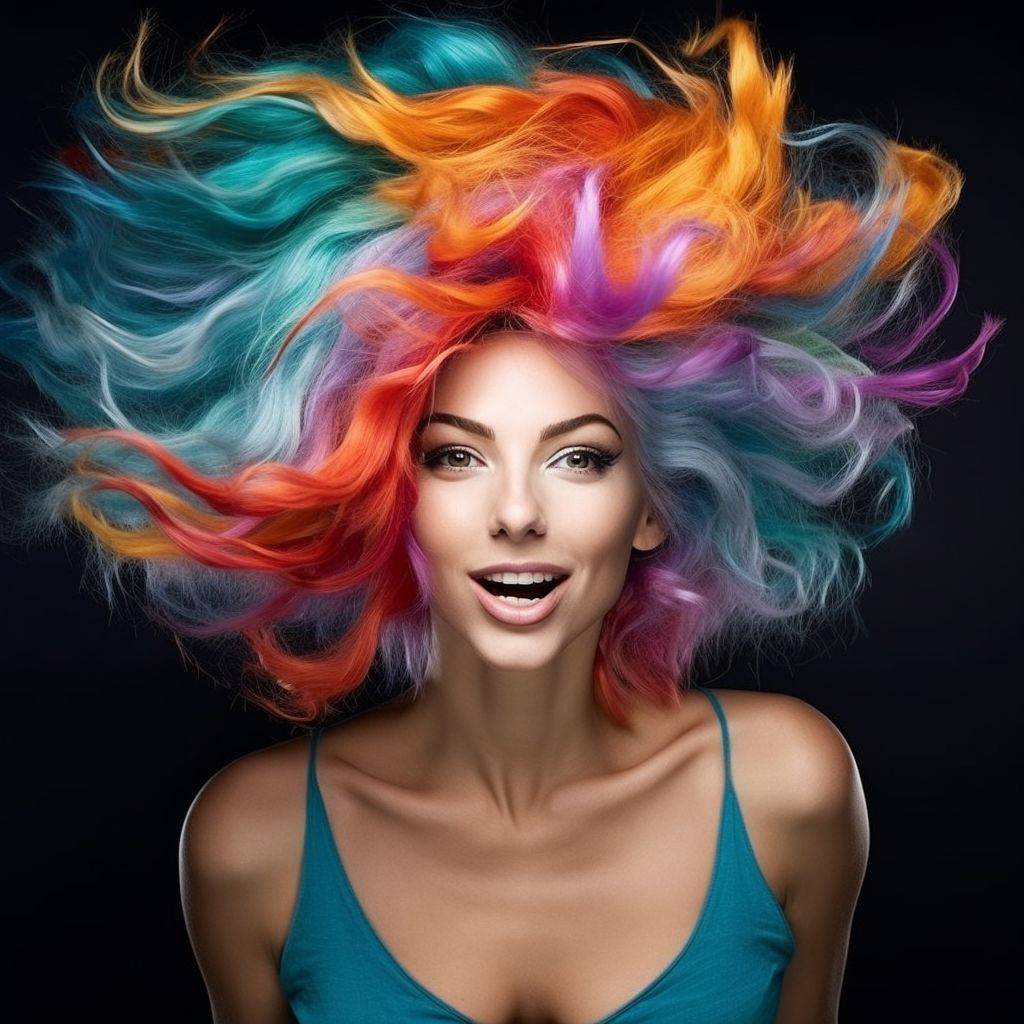 the most captivating photograph of a woman flaunting her freshly coloured hair. Use vibrant and contrasting colours.