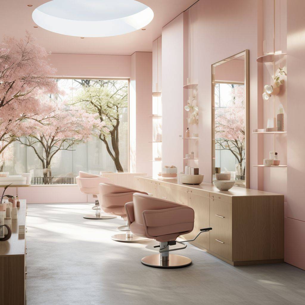 A captivating photograph showcasing a serene ambiance of a modern Japanese hair salon. Use soft pastel colors.