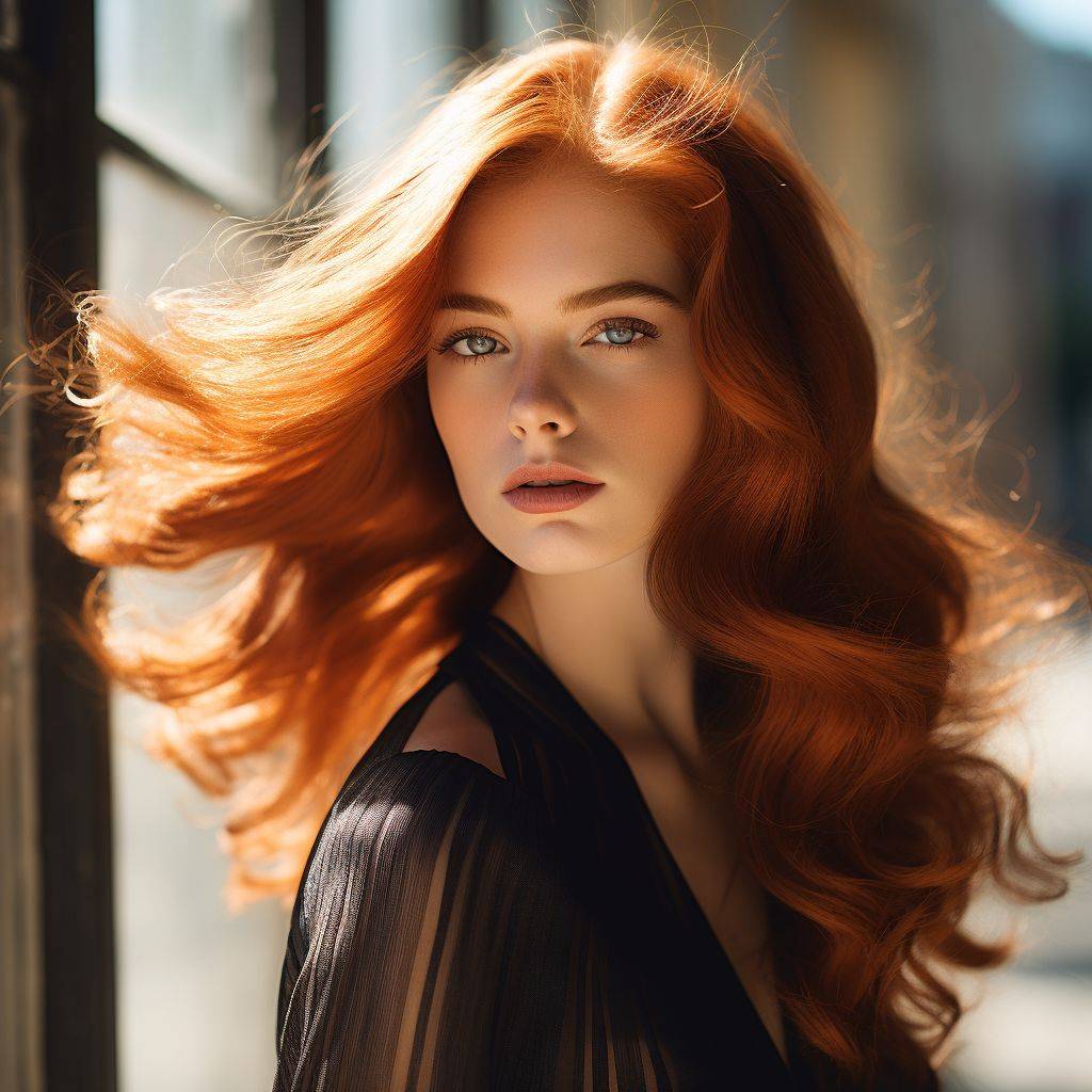 A mesmerizing photograph showcasing a woman flaunting her glossy, freshly coloured hair under natural sunlight. The hues of her hair shimmer, reflecting a mix of warm browns and subtle golden highlights.