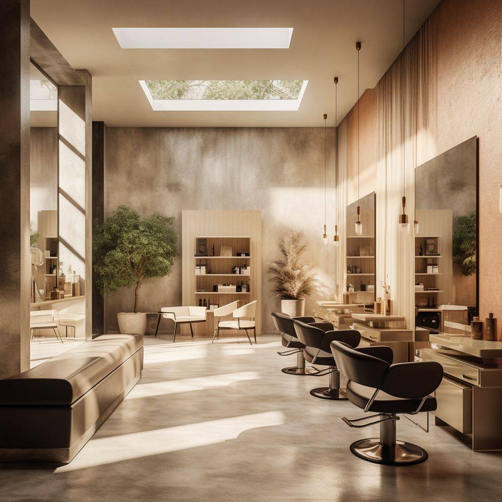 A crisp, high-quality image displaying the contemporary and stylish design of a hair salon's interior. Opt for warm and muted shades.