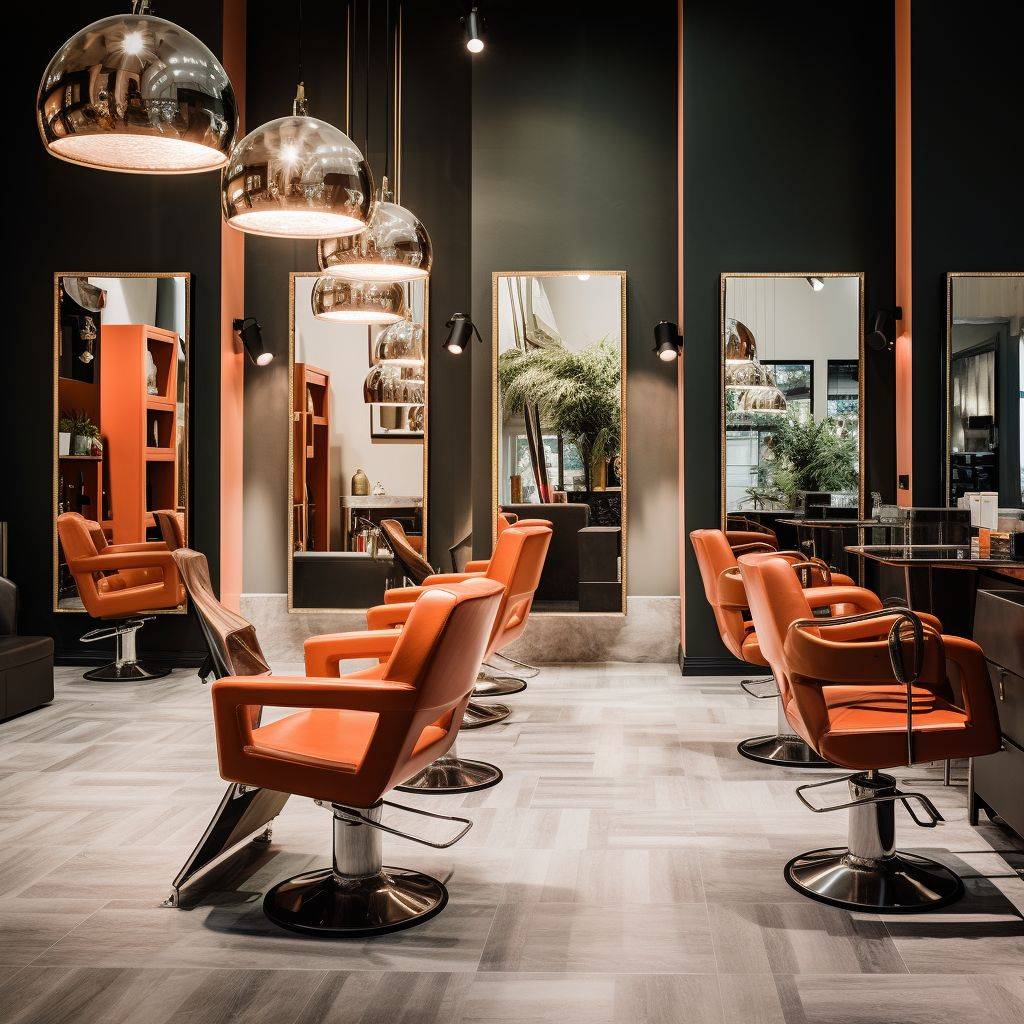 the most vibrant photograph showcasing a modern hair salon interior with sleek chairs and ambient lighting. Use warm and neutral colors.