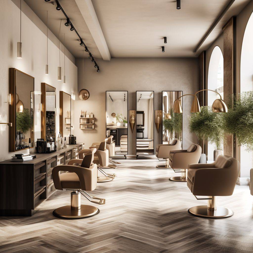 A high-resolution photograph showcasing a serene ambiance of a modern hair salon with plush chairs and elegant decor. Use warm and neutral colors.