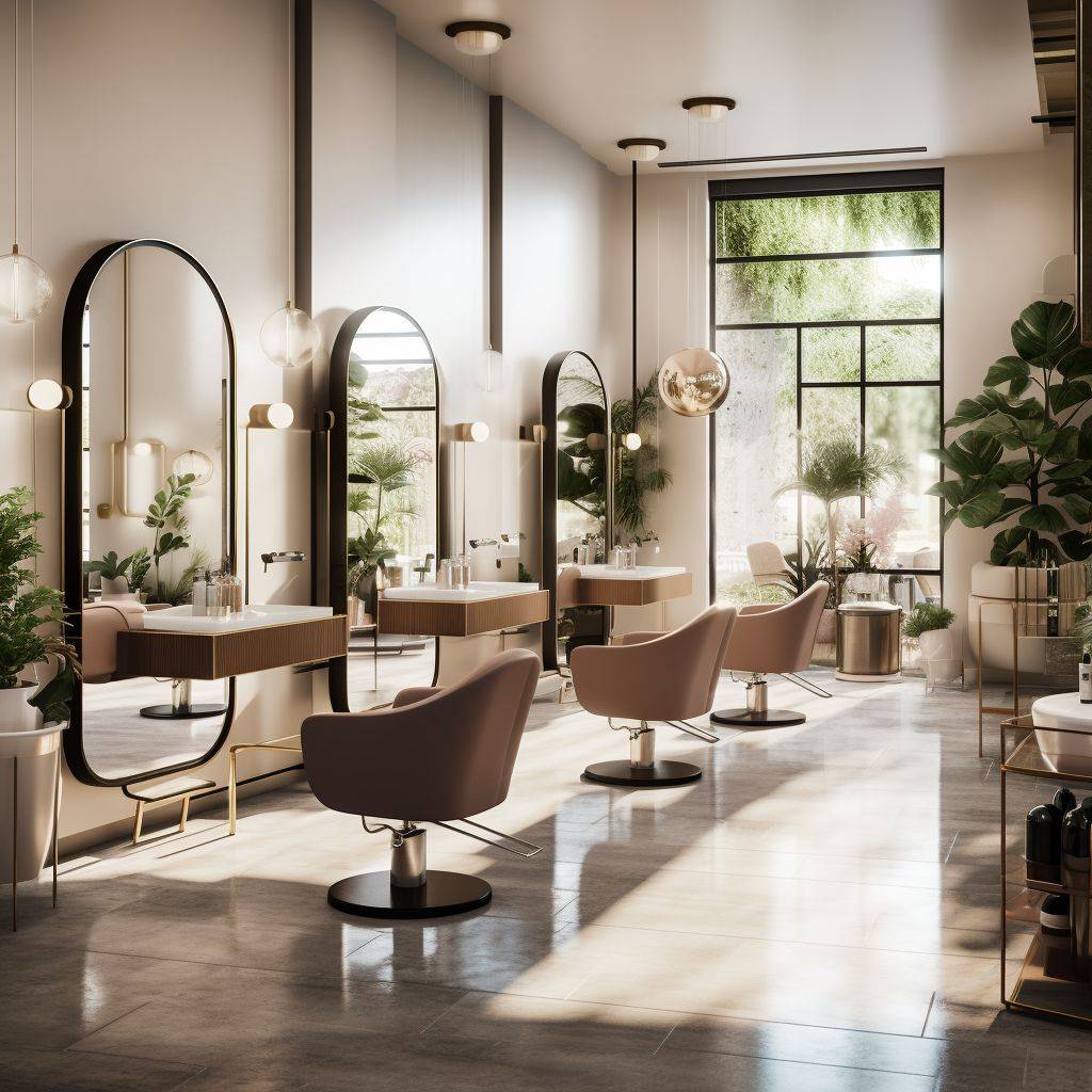 A modern and chic hair salon interior with large mirrors, comfortable chairs, and a well-lit ambiance. Stylists are attentively working on clients, showcasing various hairstyles.