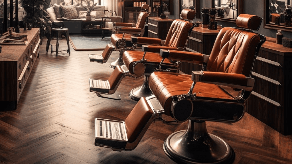 A high-resolution, candid shot of a modern barber shop interior. The design showcases a blend of vintage and contemporary aesthetics with leather barber chairs, wooden counters, and large mirrors. The color palette should focus on warm tones such as browns, tans, and creams, with pops of black and silver accents from the barber tools.
