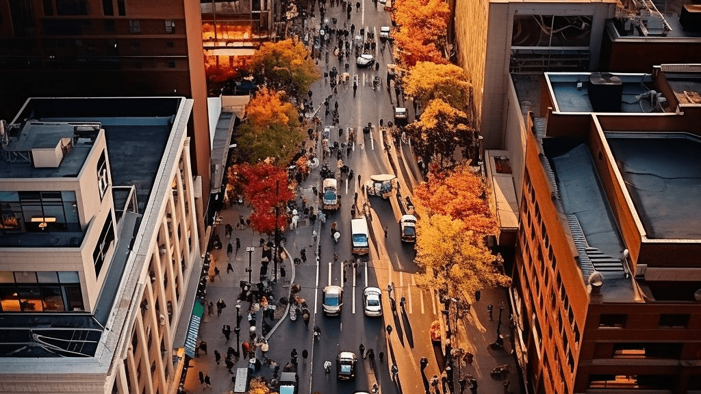 A captivating overhead shot of a bustling Montreal street showcasing the vibrant city life. Use warm and vibrant colours.