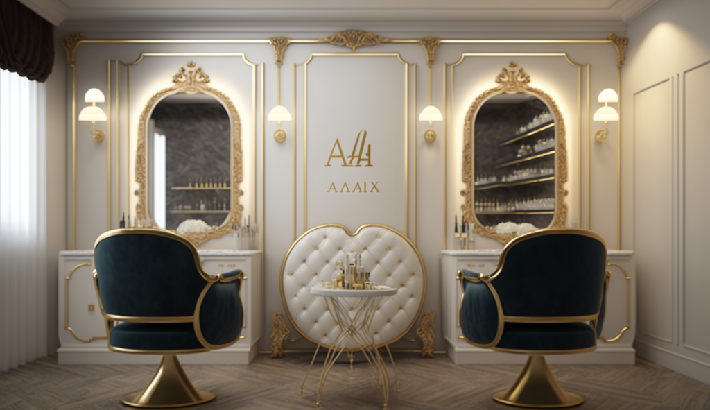 A & I Hair Salon, a chic and contemporary hair salon interior with sophisticated chairs, ornate mirrors, and premium hair care products elegantly arranged, exuding a luxurious yet cozy atmosphere