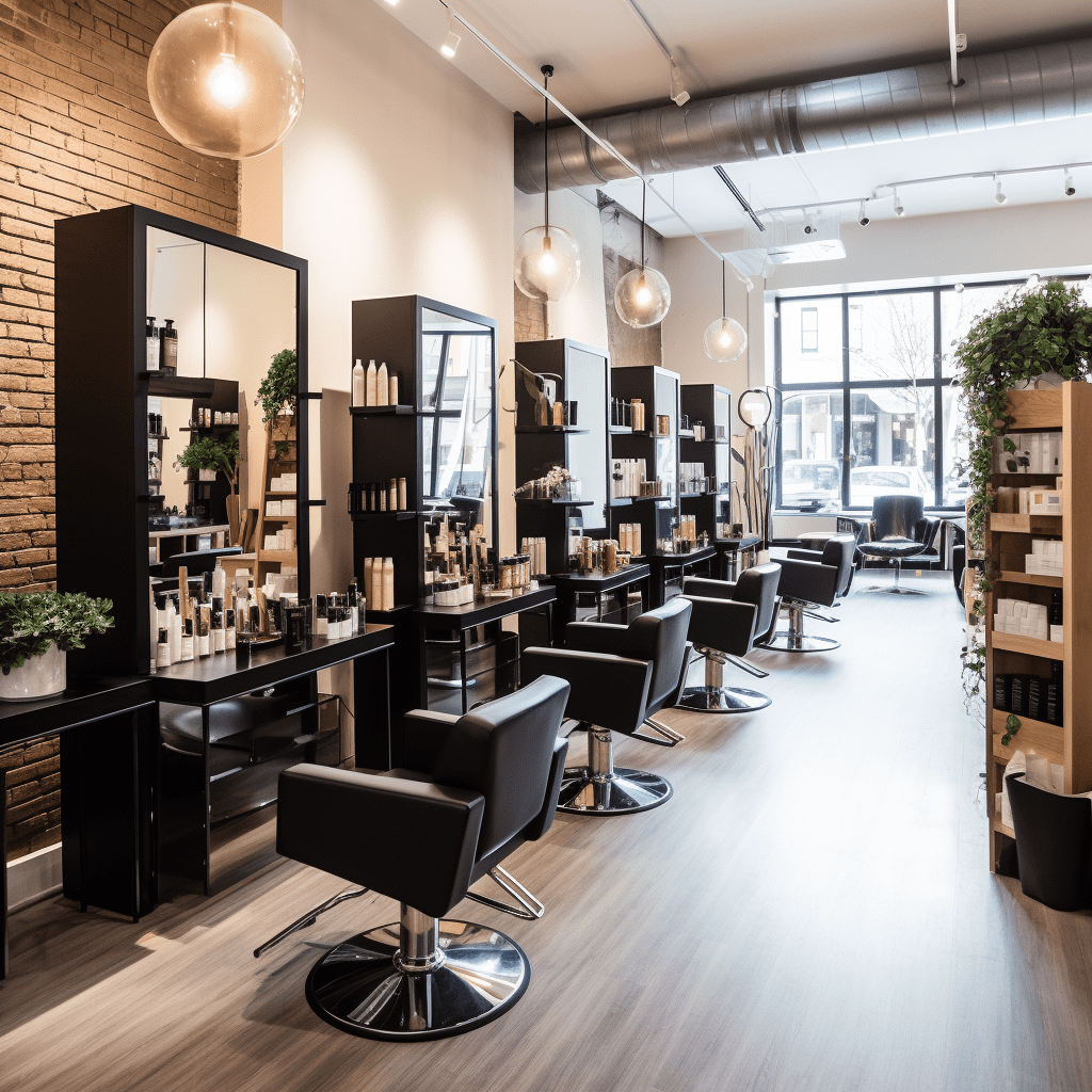 A busy and vibrant Asian hair salon in Montreal, with expert stylists attentively working on clients' hair, a variety of hair care products displayed on shelves, and a comfortable waiting area with modern decor.
