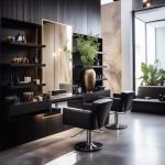 A modern and chic hair salon with sleek black chairs and large mirrors. In the background, there's a shelf displaying a range of high-end hair products. A stylist is working on a client's hair, giving her a trendy Asian hairstyle. The ambiance is calm and luxurious, with soft lighting and minimalistic decor.