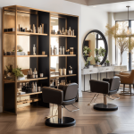 A modern and elegant hair salon with plush chairs, large mirrors, and a team of professionals attending to clients. The ambiance is serene with soft lighting, and there's a display of premium hair care products on wooden shelves.