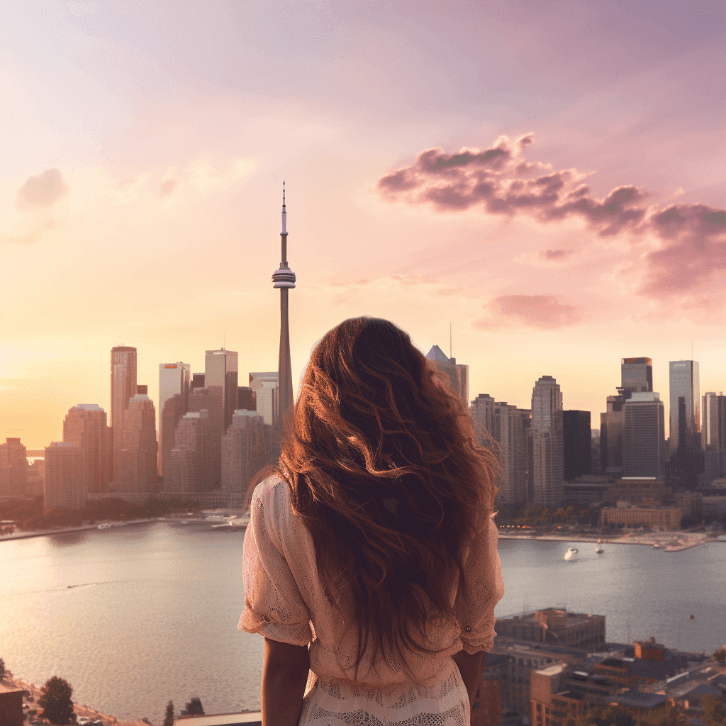 Midjourney Bot BOT — Today at 2:24 PM A panoramic view of Toronto's skyline during sunset. In the foreground, a woman with silky straight hair, looking confidently towards the horizon, symbolizing the transformative power of hair straightening.
