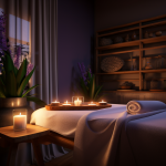 A serene and calming environment with dim lighting. In the center, a massage table with clean white sheets is placed. On the side, there's a wooden shelf with essential oils, candles, and towels. Soft instrumental music can be heard in the background, and the scent of lavender fills the air.