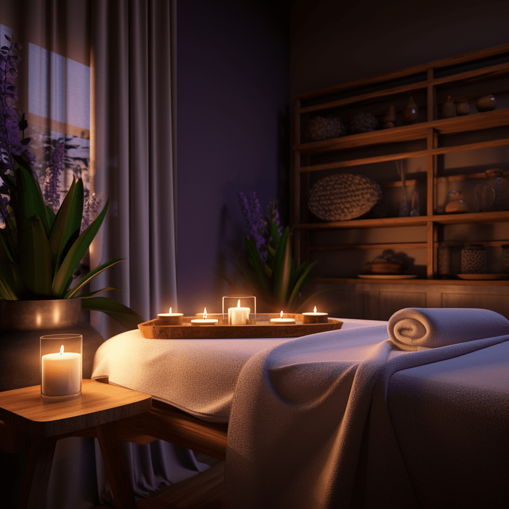 A serene and calming environment with dim lighting. In the center, a massage table with clean white sheets is placed. On the side, there's a wooden shelf with essential oils, candles, and towels. Soft instrumental music can be heard in the background, and the scent of lavender fills the air.