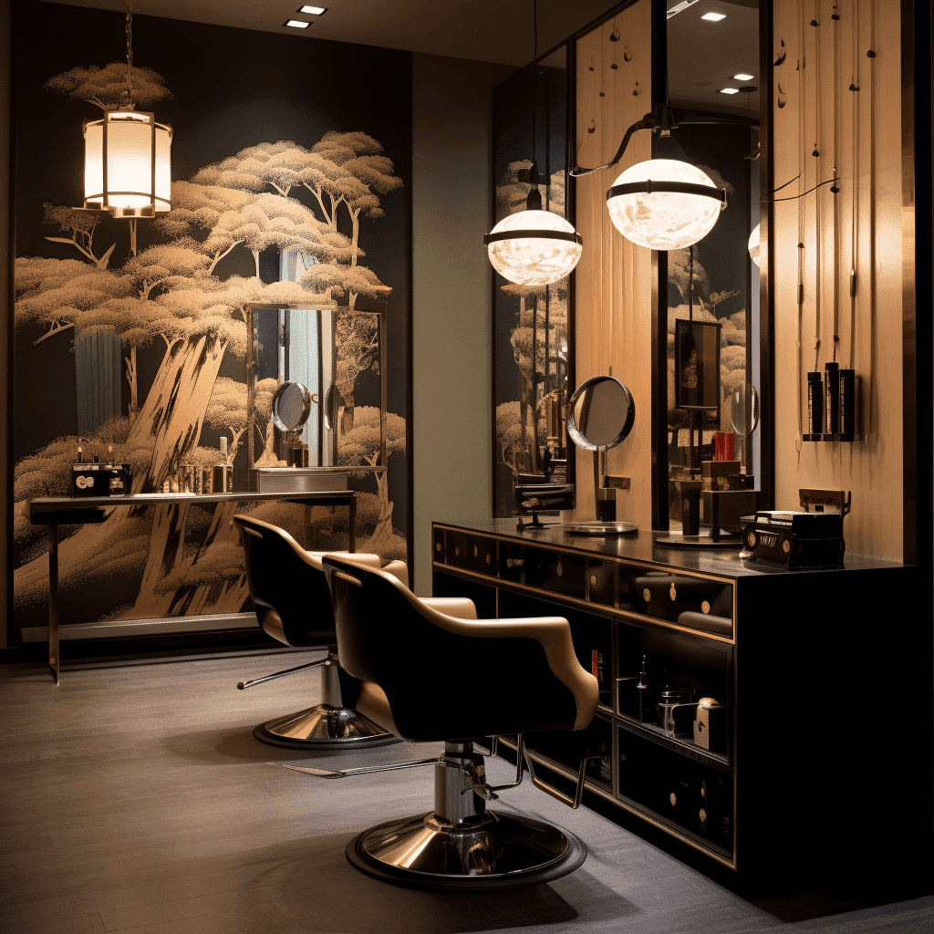 A serene and luxurious Japanese hair salon with expert stylists attentively working on clients' hair, surrounded by traditional Japanese decor and modern equipment.
