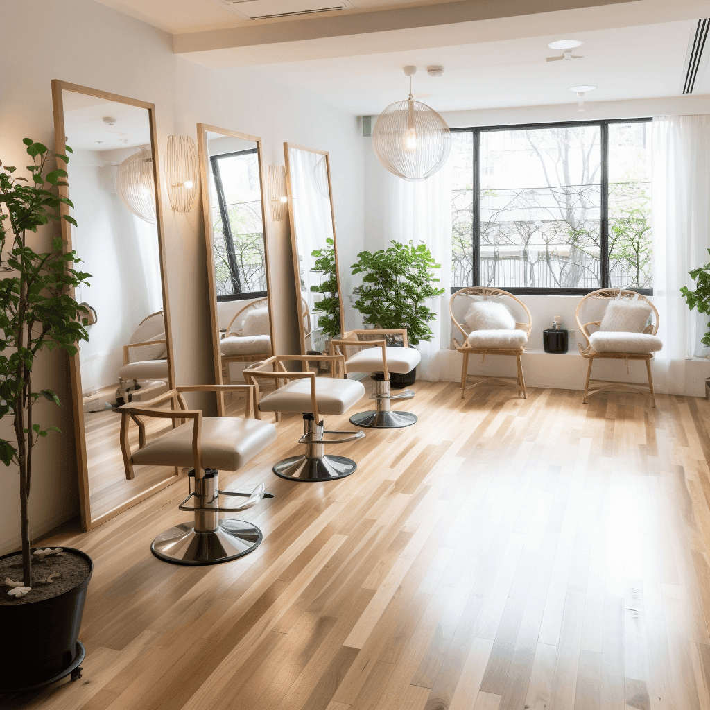 A serene and modern hair salon with wooden floors and white walls. Japanese-inspired decor, such as bamboo plants and minimalist art, adorns the space. Clients are seated in plush chairs, receiving various hair treatments. Hairdressers, dressed in sleek uniforms, attentively work on their clients, showcasing their expertise. The ambiance is calm, with soft instrumental music playing in the background.

