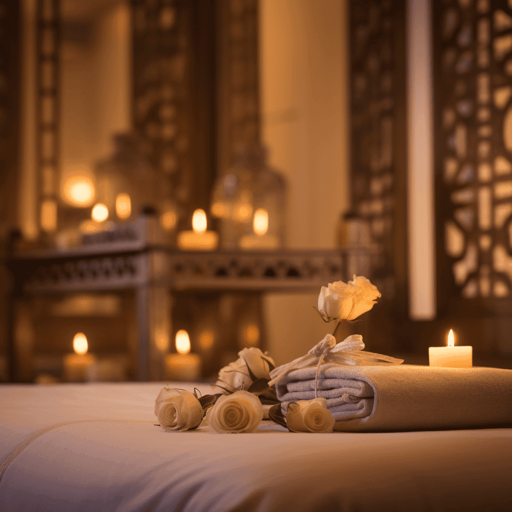 A serene massage room in Chinatown, dimly lit with soft ambient lighting, with a massage table draped in clean white sheets, scented candles illuminating the corners of the room, creating a calming and inviting atmosphere, photography, shot in a Portrait style with a Canon EOS 5D Mark IV,