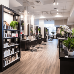 A vibrant and welcoming hair salon with modern decor, featuring a team of professional stylists attending to clients' hair needs. The salon is well-lit, clean, and organized, with various hair products displayed on shelves. Clients, both male and female, are seen smiling and satisfied with the services received.