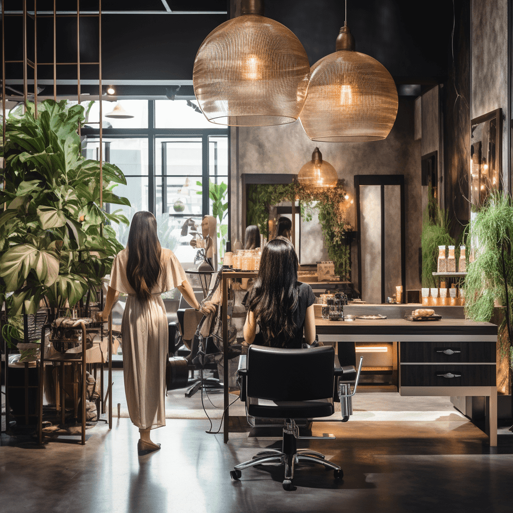 A vibrant and welcoming hair salon with modern decor, featuring a stylist carefully applying a hair straightening treatment to a satisfied customer with Asian hair.